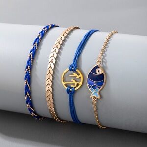4 piece blue and gold ankle bracelet set